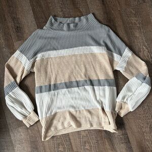 BKE || Gray and Beige Striped Turtleneck Waffle Top